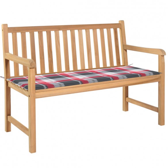 Banc de jardin avec coussin à carreaux rouge 120 cm Teck massif