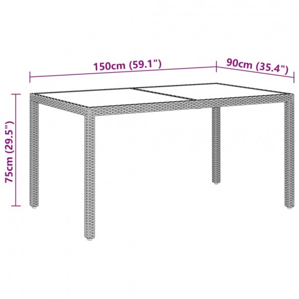 Table de jardin 150x90x75cm Verre trempé et résine tressée Noir