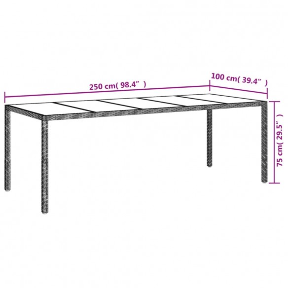 Table de jardin Beige 250x100x75 cm Verre trempé et poly rotin