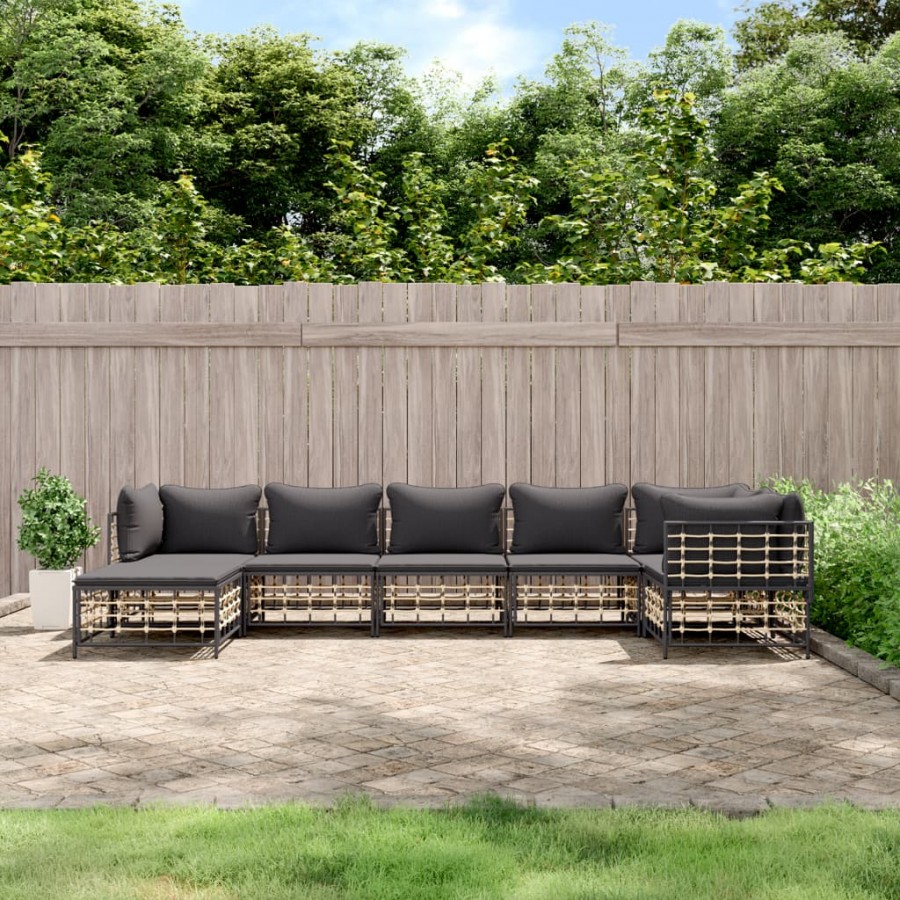 Salon de jardin 7 pcs avec coussins anthracite résine tressée