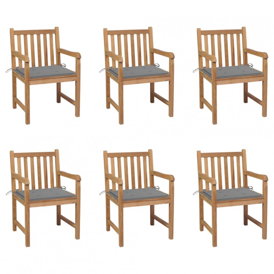 Chaises de jardin 6 pcs avec coussins gris Bois de teck massif