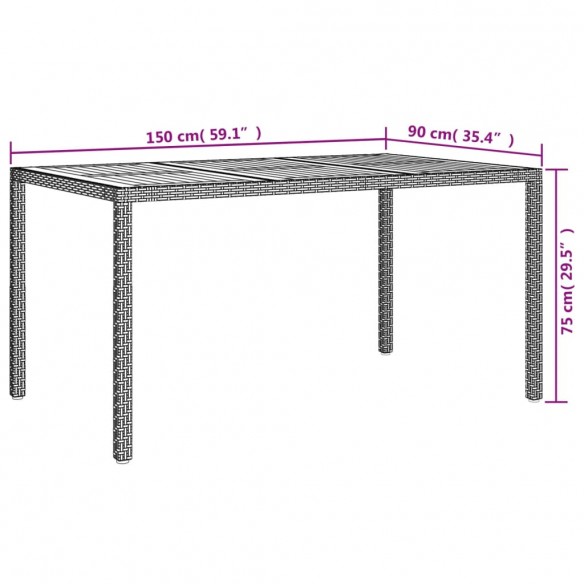 Table de jardin 150x90x75 cm Résine tressée bois d'acacia Gris