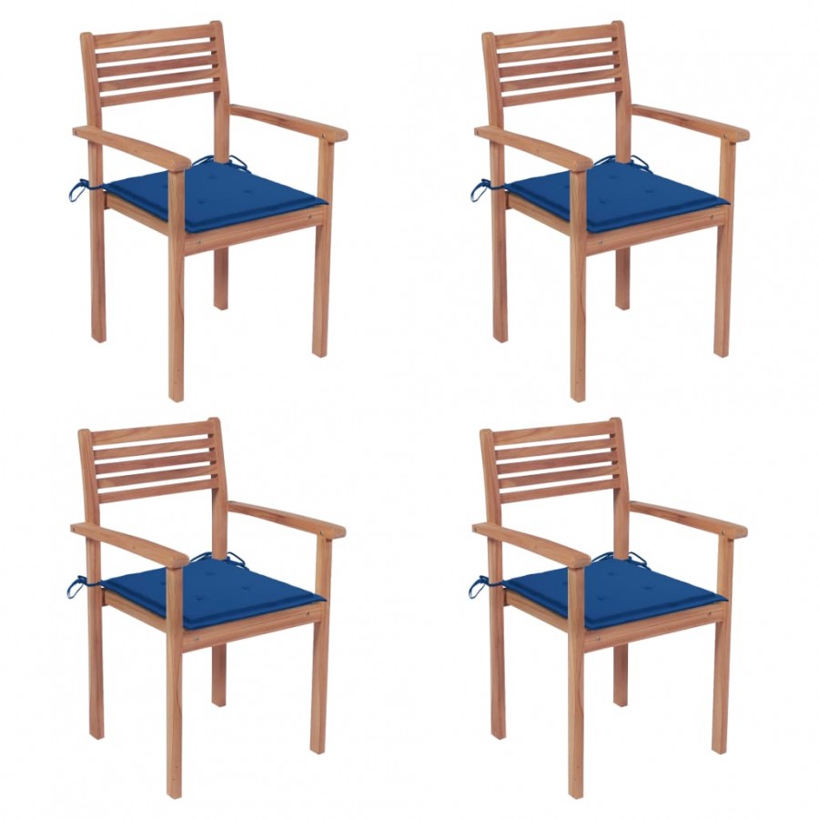 Chaises de jardin 4 pcs avec coussins bleu royal Bois de teck
