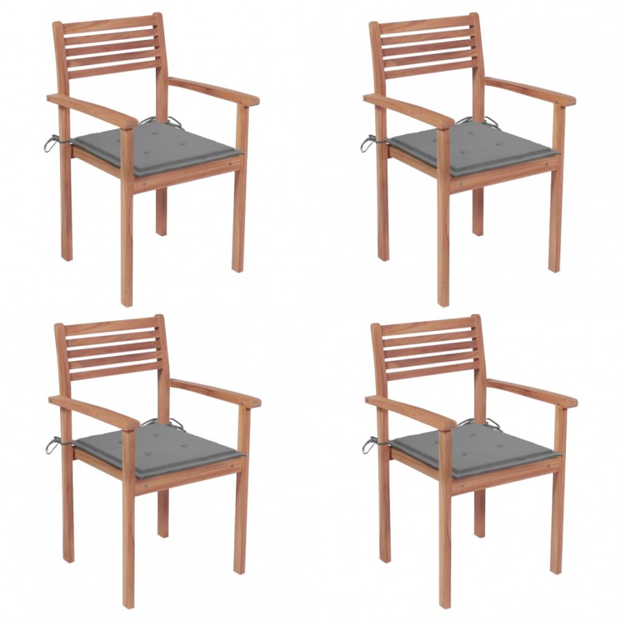 Chaises de jardin 4 pcs avec coussins gris Bois de teck solide