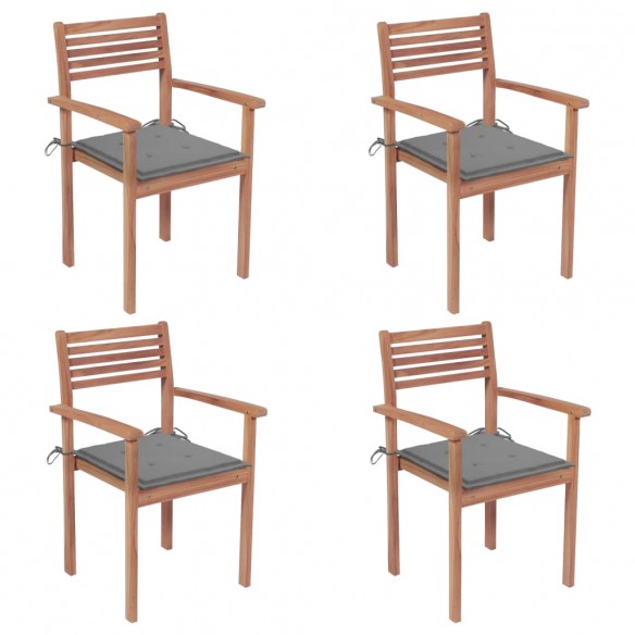 Chaises de jardin 4 pcs avec coussins gris Bois de teck solide