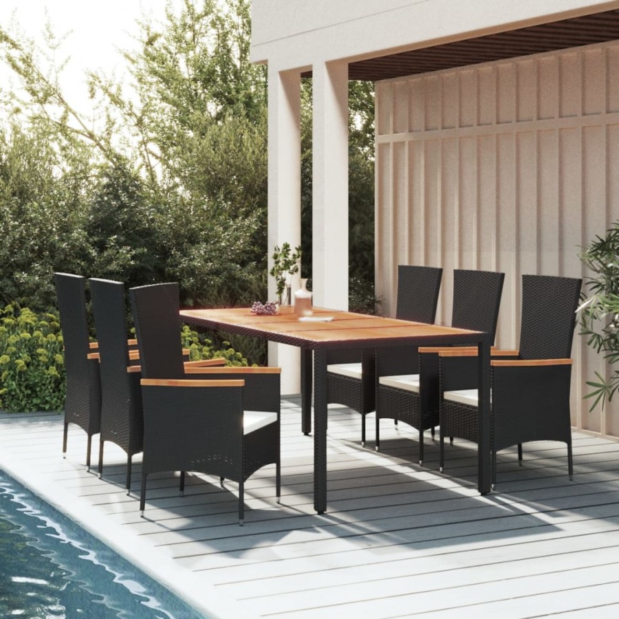 Ensemble à manger de jardin coussins 7pcs Noir Résine tressée