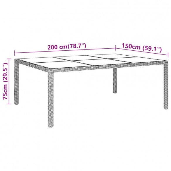 Table de jardin 200x150x75 cm Verre trempé/résine tressée Gris