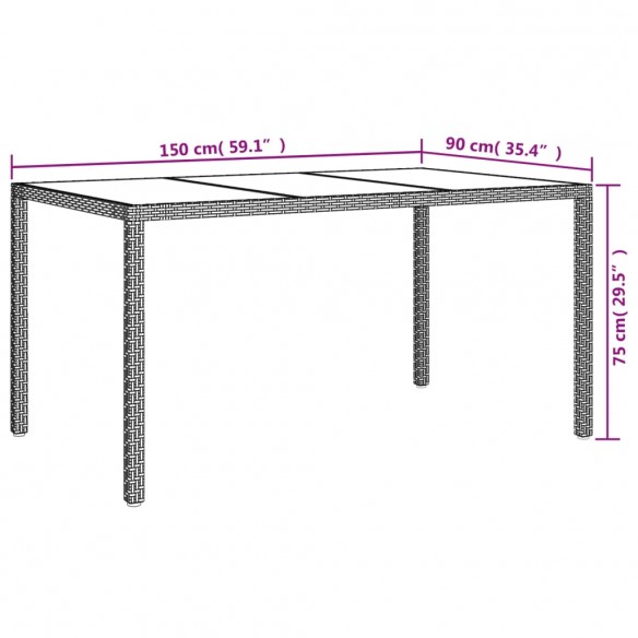 Table de jardin 150x90x75cm Verre trempé et résine tressée Noir