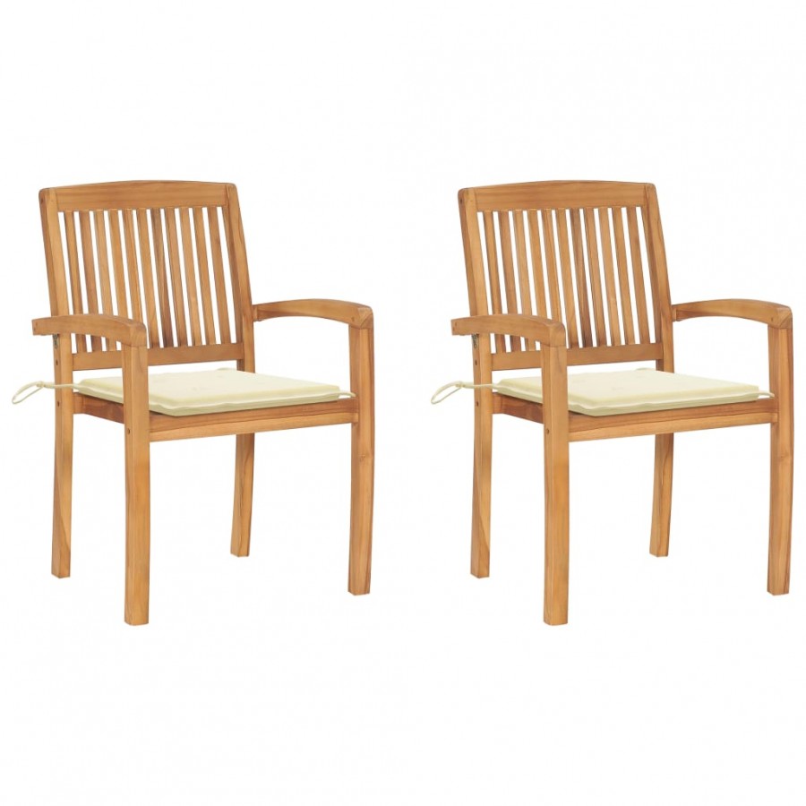 Chaises de jardin 2 pcs avec coussins crème Bois de teck massif