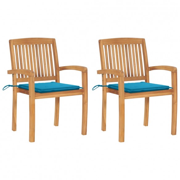 Chaises de jardin 2 pcs avec coussins bleu Bois de teck massif