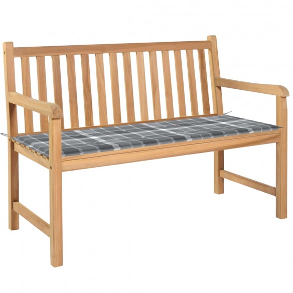 Banc de jardin avec coussin à carreaux gris 120 cm Teck massif