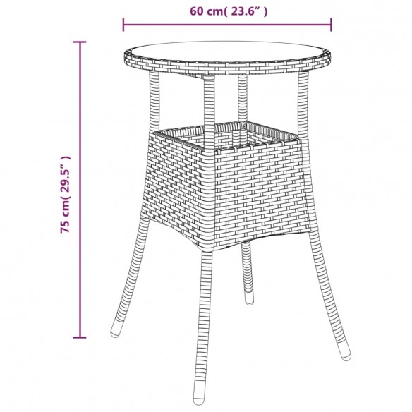 Table de jardin Ø60x75 cm Verre trempé/résine tressée Noir