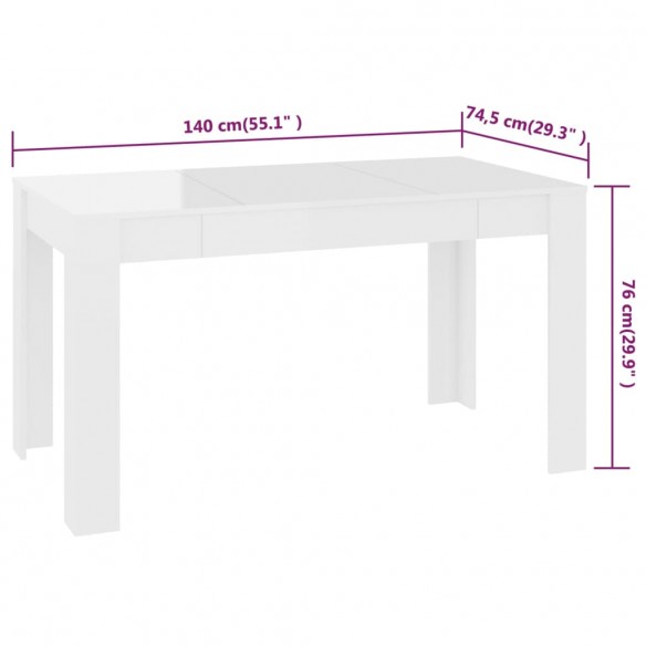 Table à manger blanc brillant 140x74,5x76 cm bois d'ingénierie