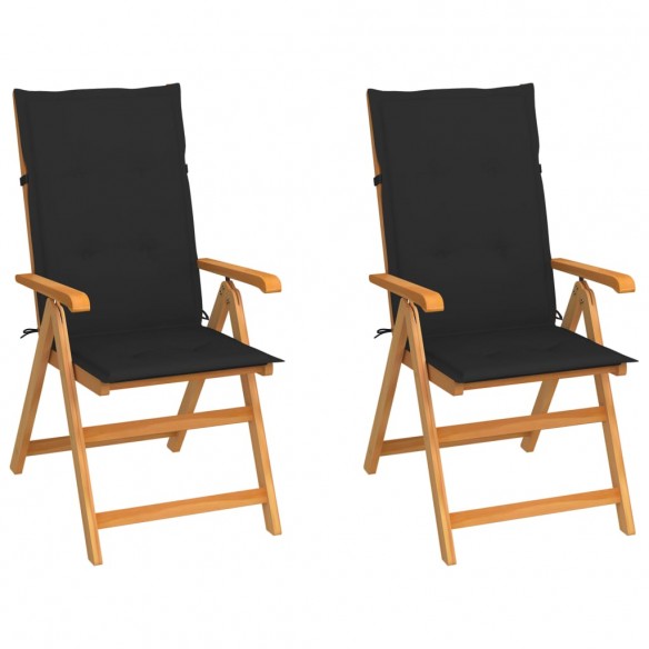 Chaises de jardin 2 pcs avec coussins noir Bois de teck massif