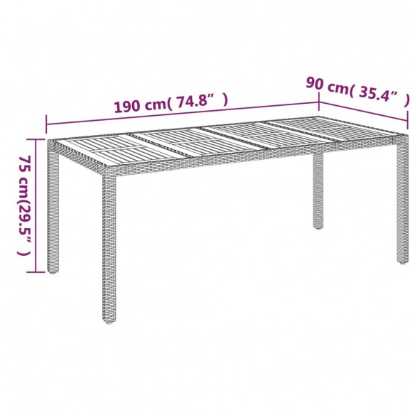 Table de jardin dessus en bois Gris 190x90x75 cm Résine tressée