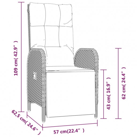 Chaises inclinables de jardin 2pcs et table noir résine tressée