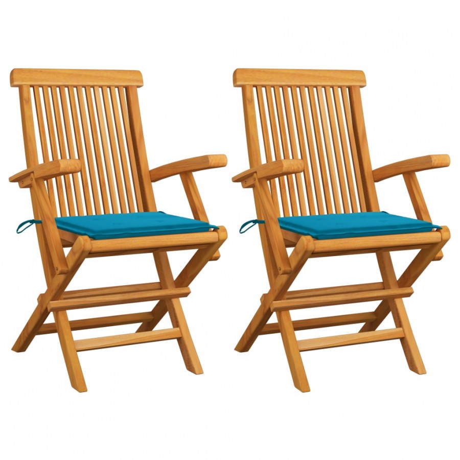 Chaises de jardin avec coussins bleu 2 pcs Bois de teck massif