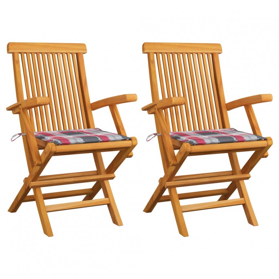 Chaises de jardin 2 pcs avec coussins à carreaux rouge Teck