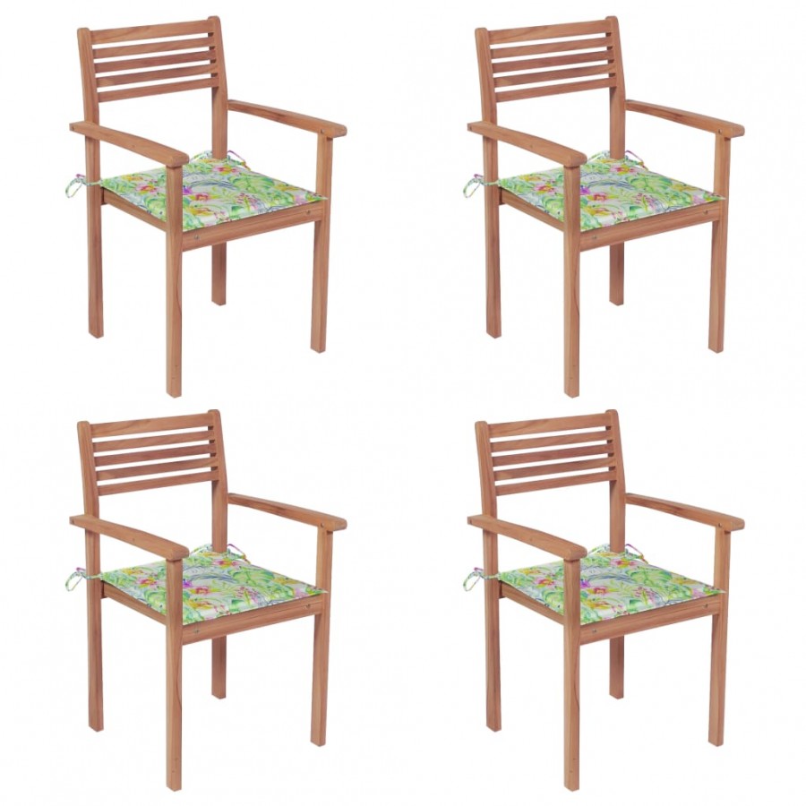 Chaises de jardin 4 pcs avec coussins à motif de feuilles Teck