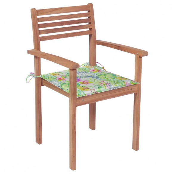 Chaises de jardin 4 pcs avec coussins à motif de feuilles Teck