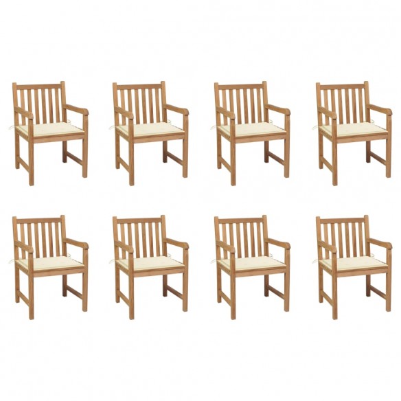 Chaises de jardin 8 pcs avec coussins crème Bois de teck massif