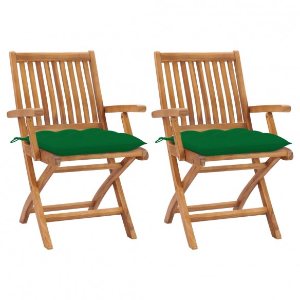 Chaises de jardin 2 pcs avec coussins vert Bois de teck massif