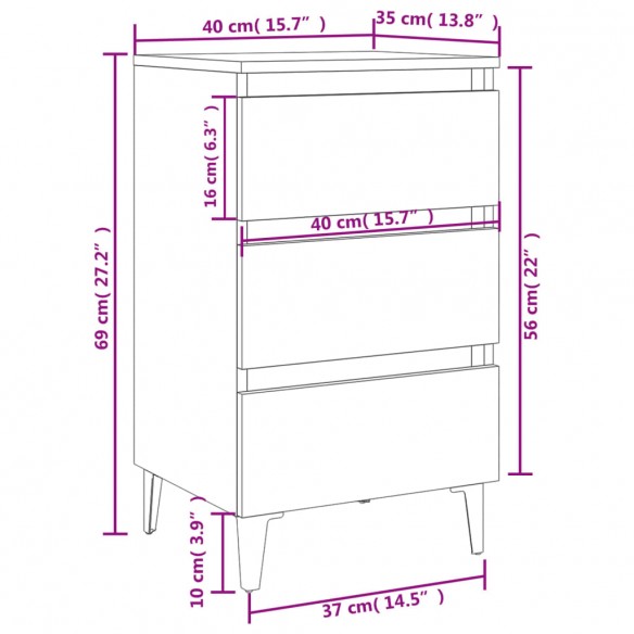 Tables de chevet pieds en métal 2 pcs Chêne fumé 40x35x69 cm