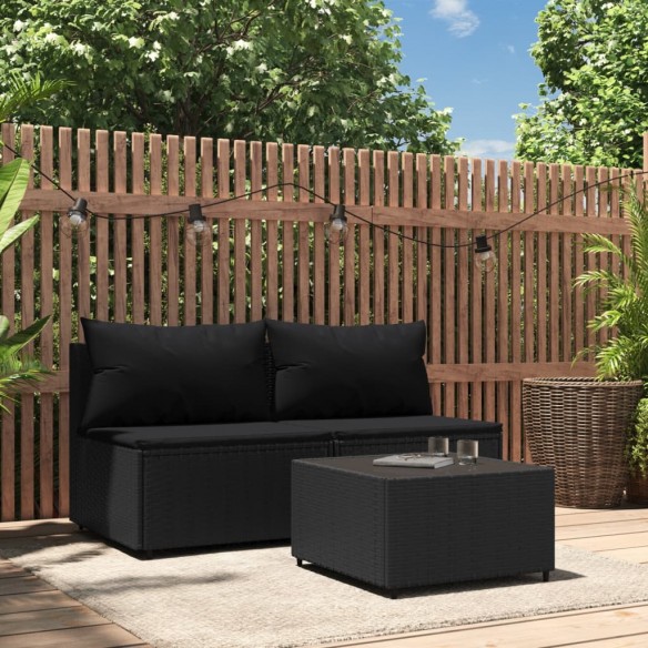 Salon de jardin 3 pcs avec coussins Noir Résine tressée