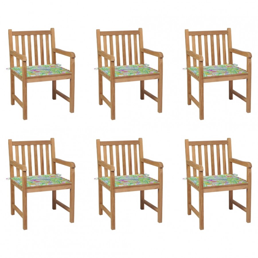 Chaises de jardin 6 pcs et coussins motif feuilles Bois de teck