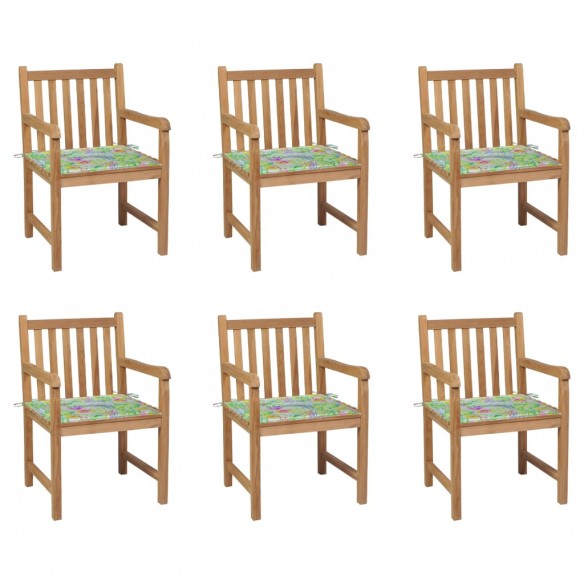 Chaises de jardin 6 pcs et coussins motif feuilles Bois de teck