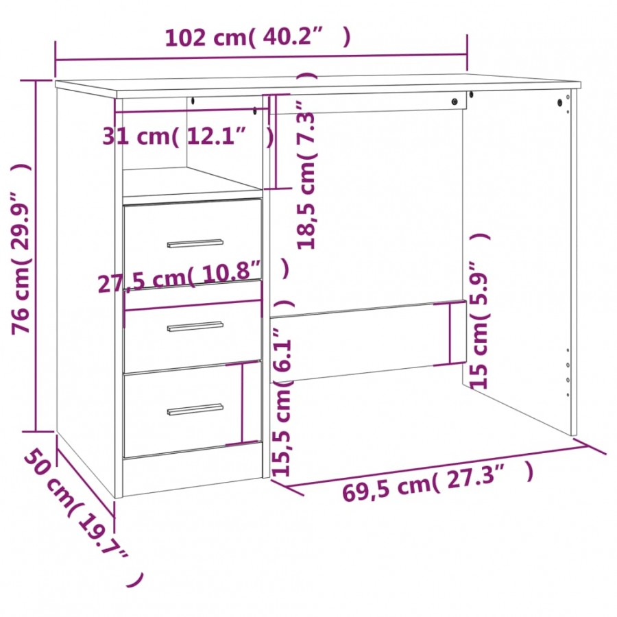 Bureau avec tiroirs Sonoma gris 102x50x76 cm 