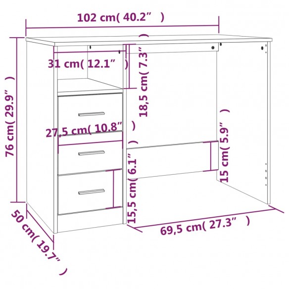 Bureau avec tiroirs Sonoma gris 102x50x76 cm Bois d'ingénierie