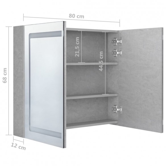 Armoire de salle de bain à miroir LED Gris béton 80x12x68 cm