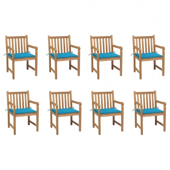 Chaises de jardin 8 pcs avec coussins bleu Bois de teck massif