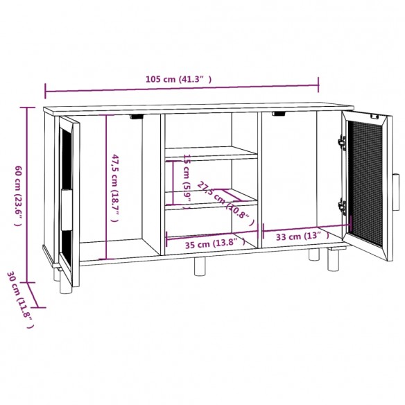 Buffet Noir 105x30x60 cm Bois de pin massif et rotin naturel