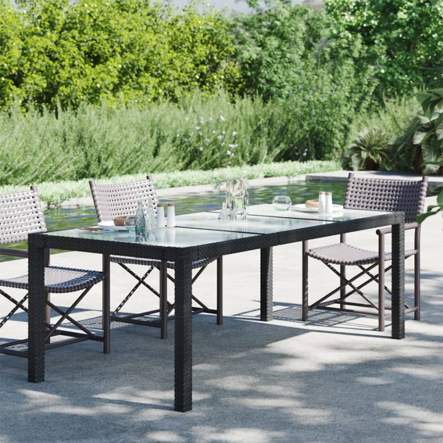 Table de jardin Noir 190x90x75 cm Verre trempé/résine tressée