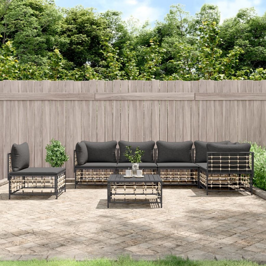 Salon de jardin 7 pcs avec coussins anthracite résine tressée