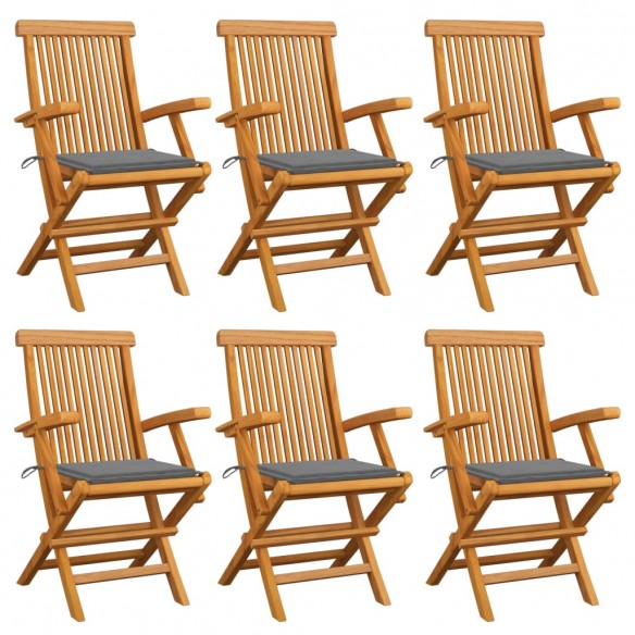Chaises de jardin avec coussins gris 6 pcs Bois de teck massif