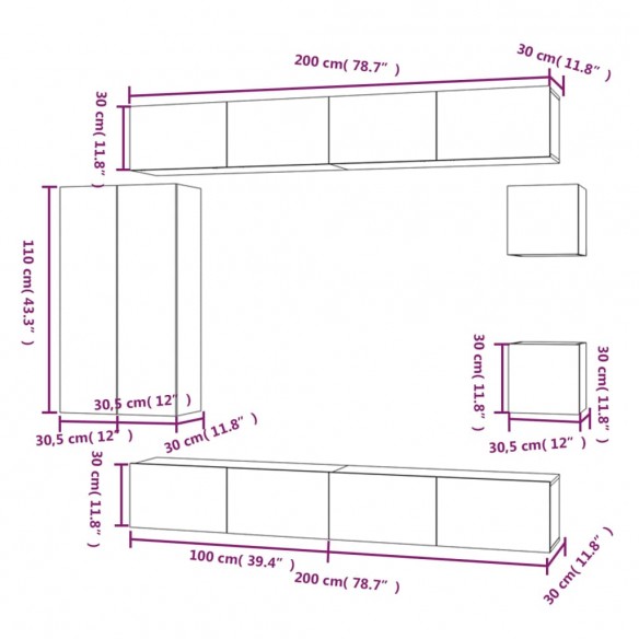 Ensemble de meubles TV 8 pcs Noir Bois d'ingénierie