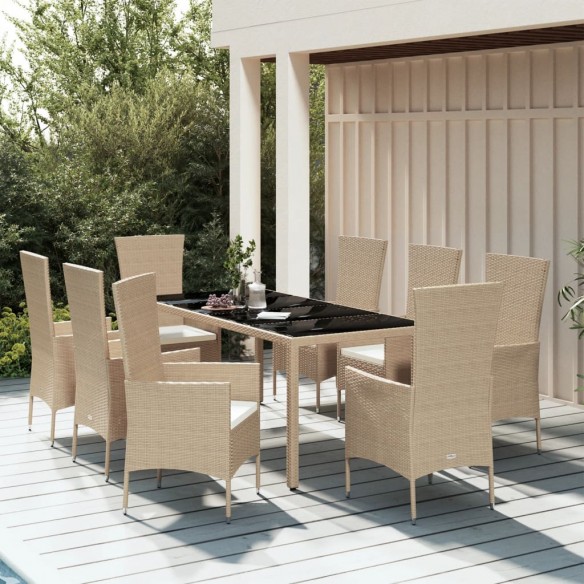 Ensemble à manger de jardin et coussins 9 pcs beige Poly rotin