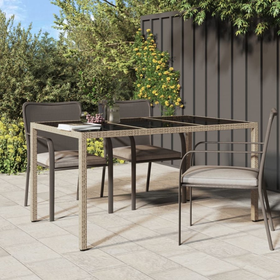 Table de jardin 150x90x75 cm Verre trempé/résine tressée Beige