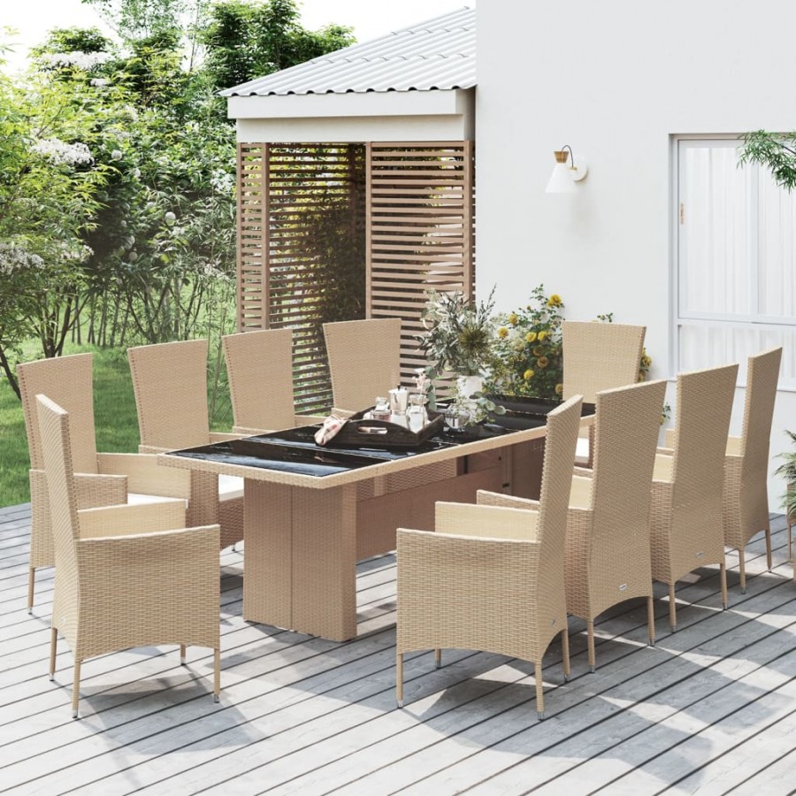 Ensemble à manger de jardin et coussins 11 pcs beige poly rotin