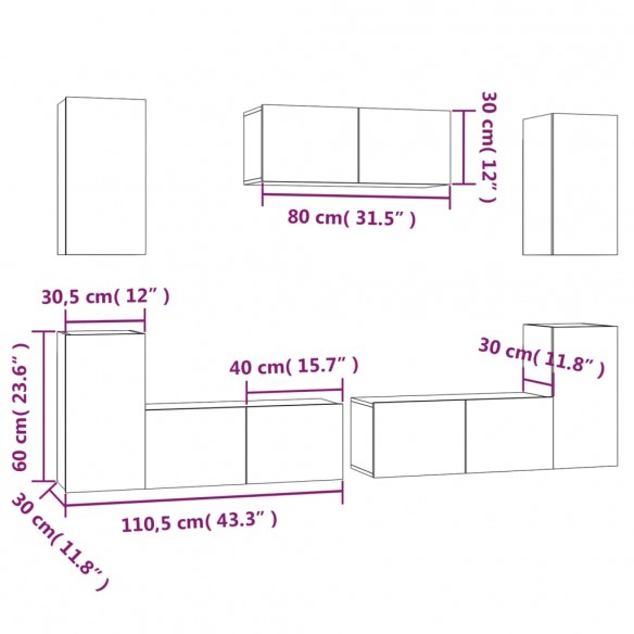 Ensemble de meubles TV 7 pcs Gris béton Bois d'ingénierie