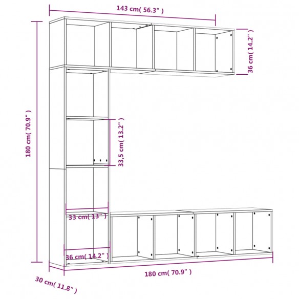 Ensemble bibliothèque/meuble TV 3 pcs Chêne fumé 180x30x180 cm