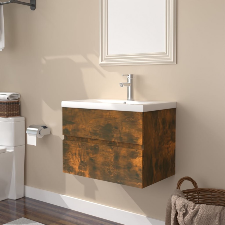 Meuble lavabo avec bassin intégré Chêne fumé Bois d'ingénierie