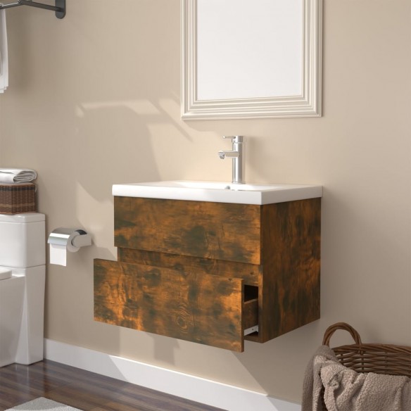 Meuble lavabo avec bassin intégré Chêne fumé Bois d'ingénierie