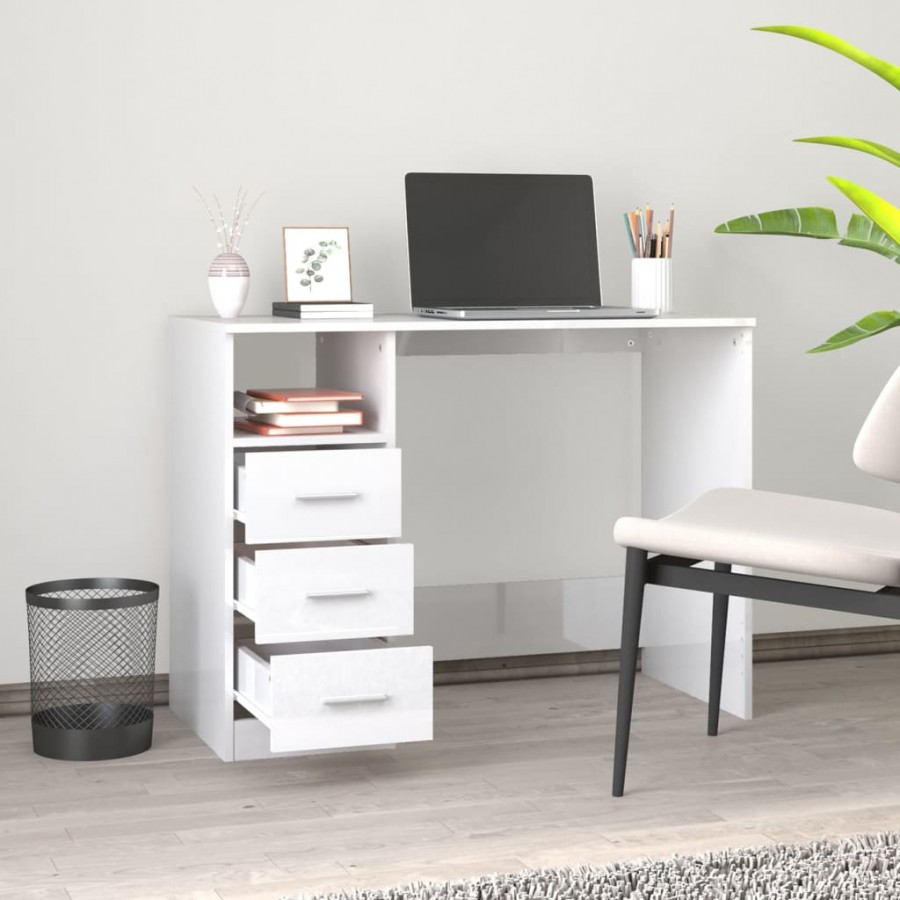 Bureau et tiroirs Blanc brillant 102x50x76 cm 