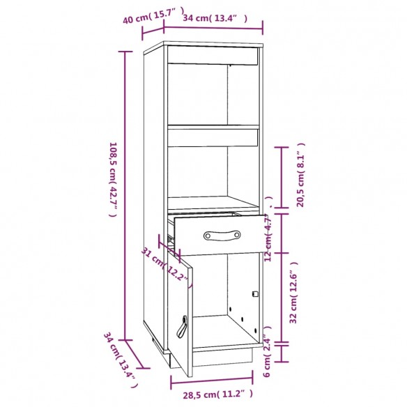 Buffet haut Blanc 34x40x108,5 cm Bois massif de pin