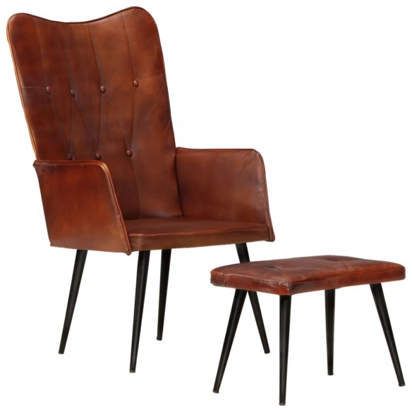 Chaise à oreilles avec repose-pied Marron Cuir véritable