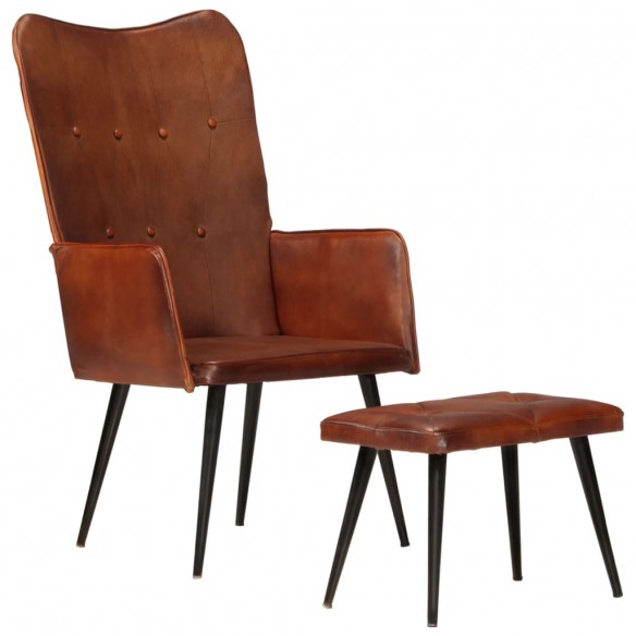 Chaise à oreilles avec repose-pied Marron Cuir véritable